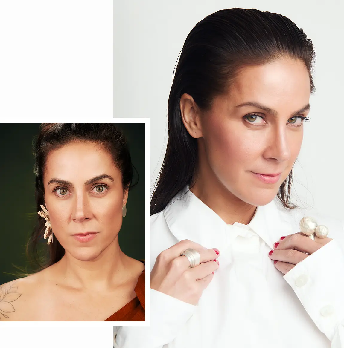 Montagem com dois retratos de Carol Barcellos em ensaio fotográfico editorial