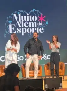 Thomás Aquino no podcast ao vivo Muito Além do Esporte com Maria Clara Salgado e Carol Barcellos